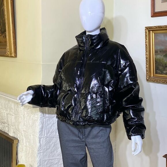 H&M Divided Black Glossy Vinyl Puffy Bomber Jacket - Picture 1 of 11